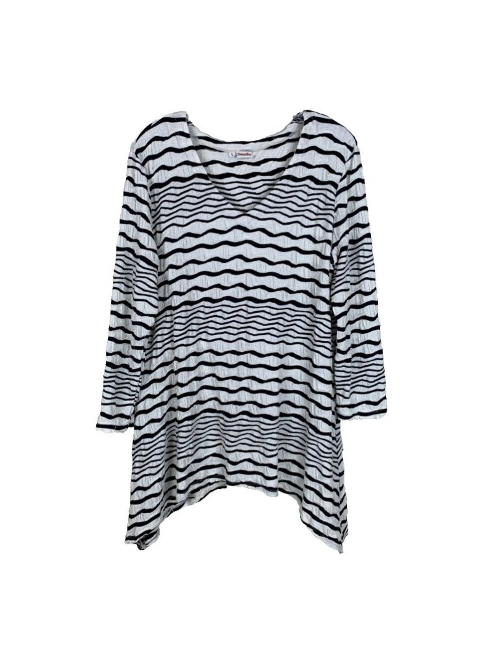 Tianello Womens L Tunic Top Off‎ White V Neck Stretch Knit Boho Asymmetrical Hem